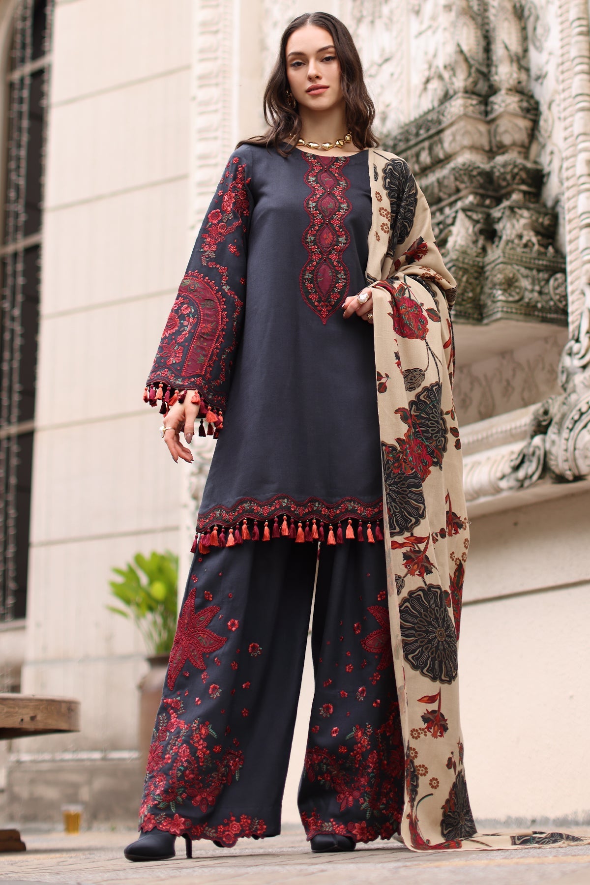 Charizma (poshima) unstitched 3Pc embroidered peach leather with printed pashmina shawl