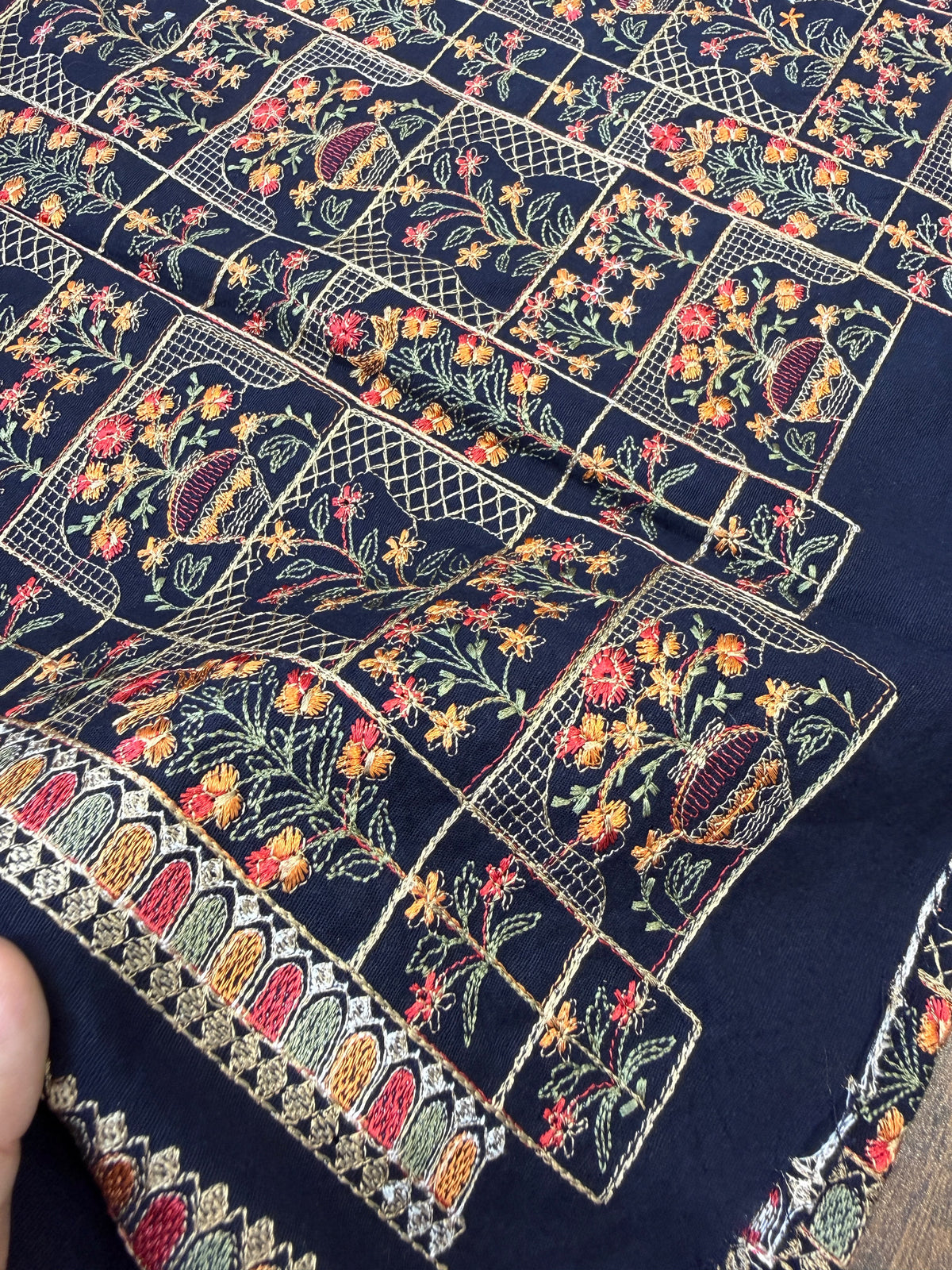 Navy blue Luxury embroided karandi 3pc with heavy embroided shawl light embroided shirt plain trouser