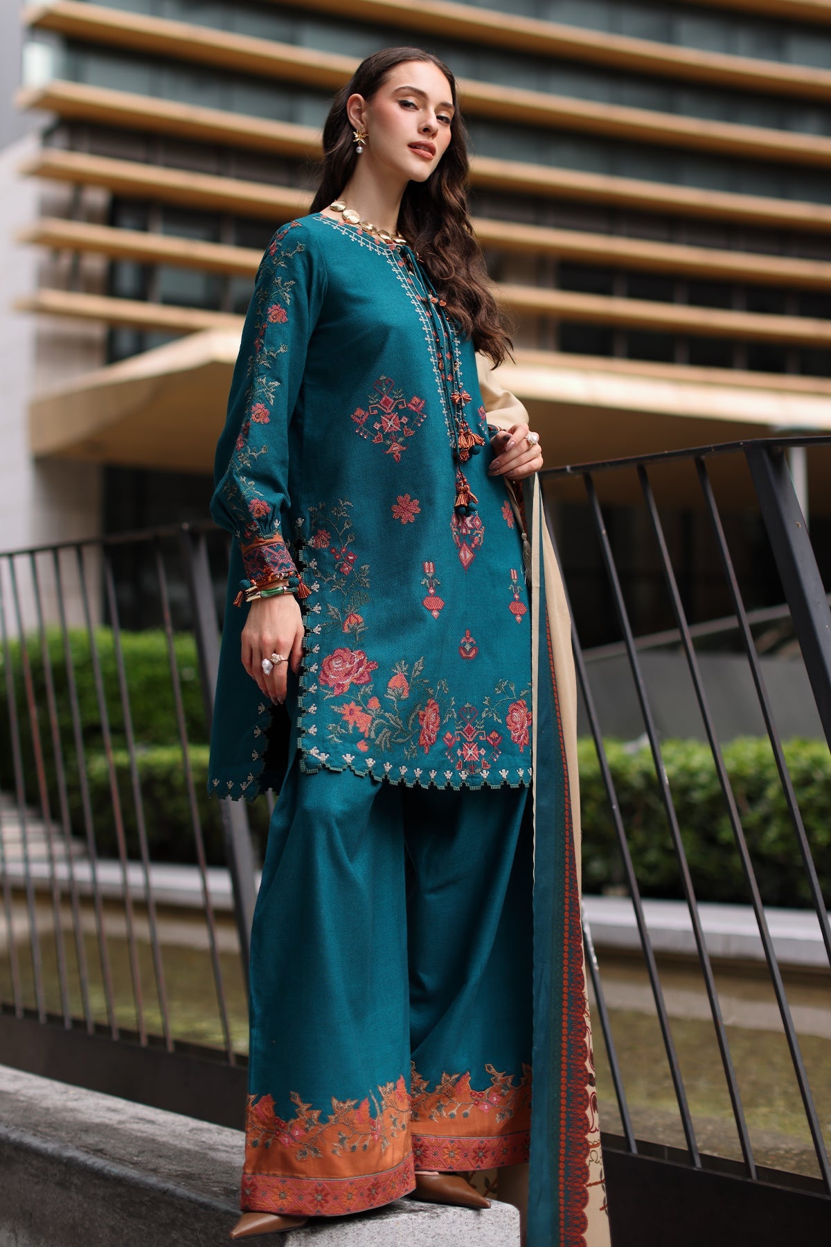 Charizma (poshima) unstitched 3Pc embroidered peach leather with printed pashmina shawl