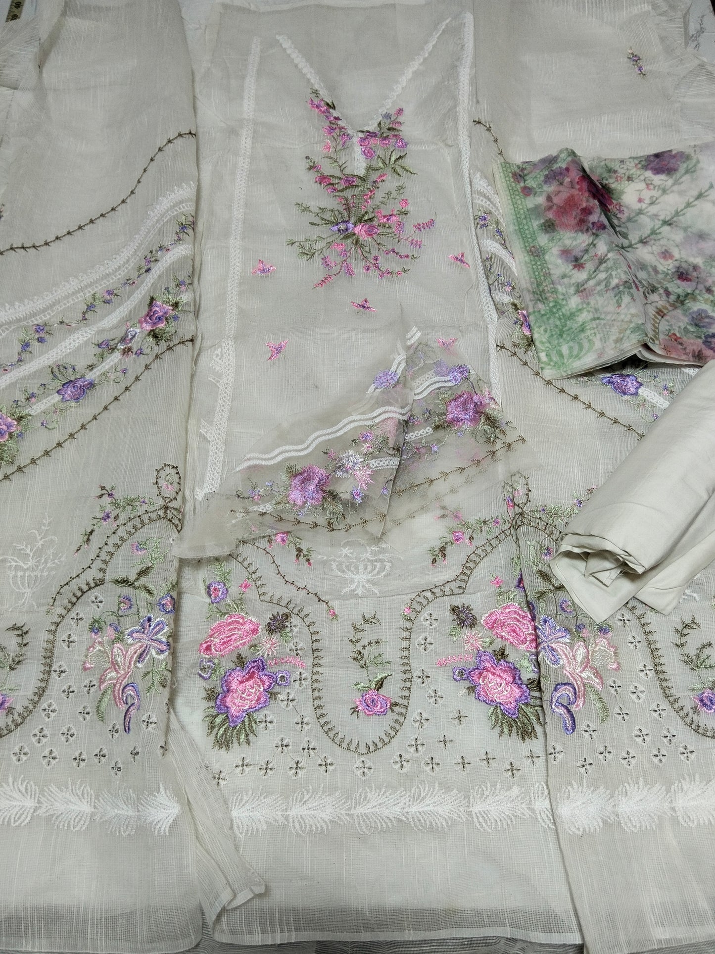 Sale embroided Khadi net shirt with plain trouser and printed organza fabric duppta