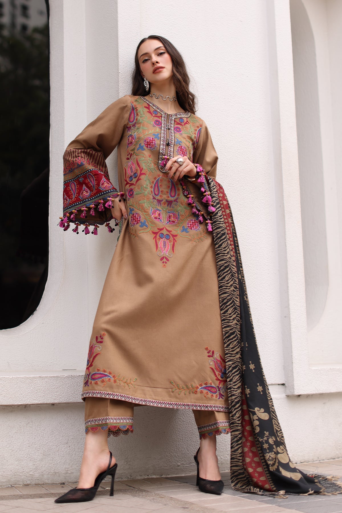 Charizma (poshima) unstitched 3Pc embroidered peach leather with printed pashmina shawl