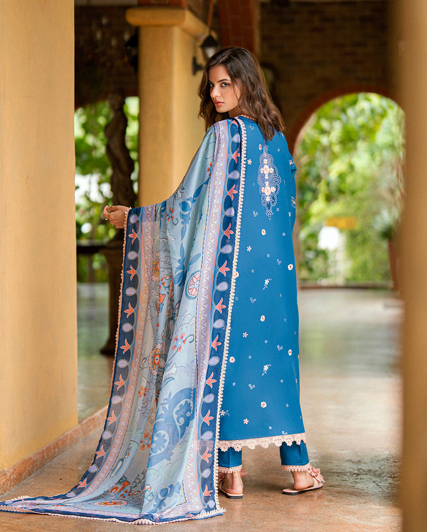 Sale Roheenaz embroided lawn 3pc with plain trouser and printed silk dupatta with embroided patches (unstitched)