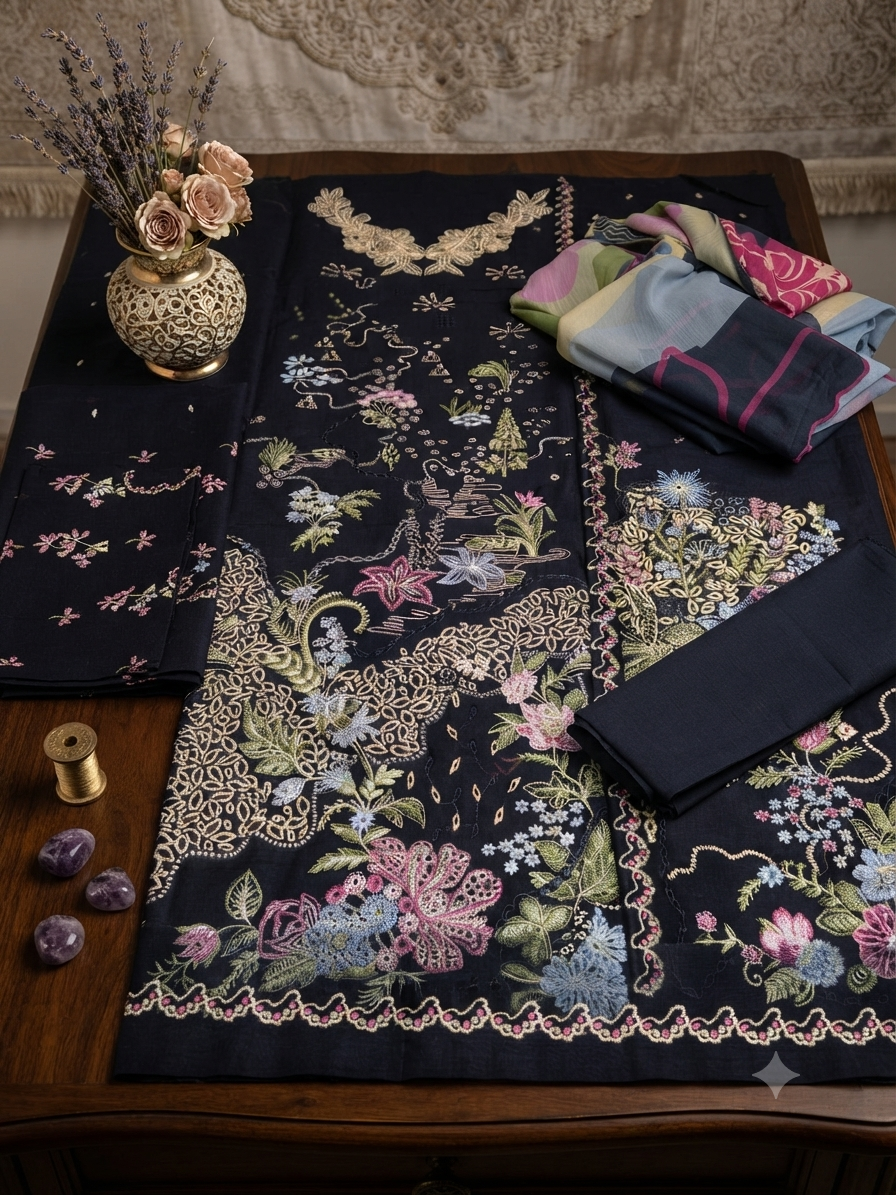 Nureh Riaz arts luxury embroidered lawn 3pc navy blue