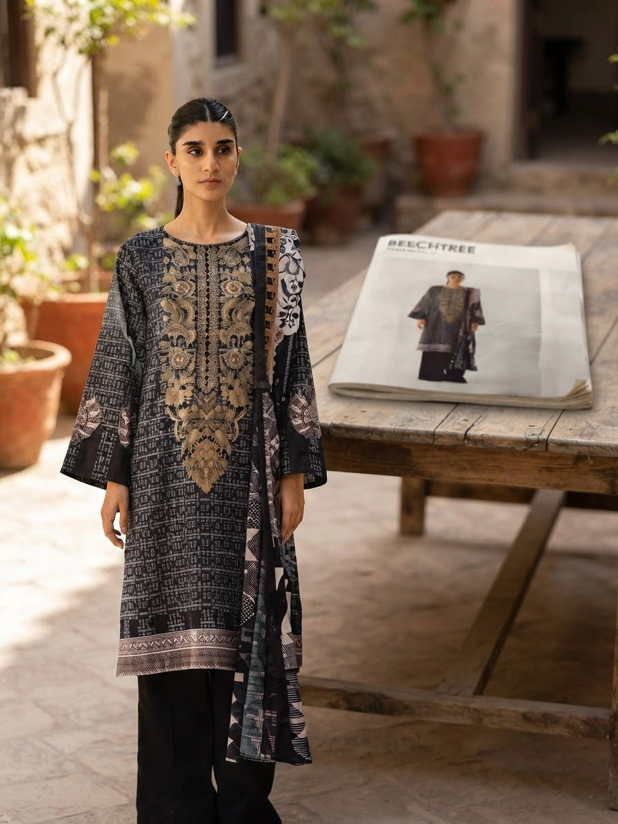 Beechtree embroided khadar 2pc shirt and dupatta