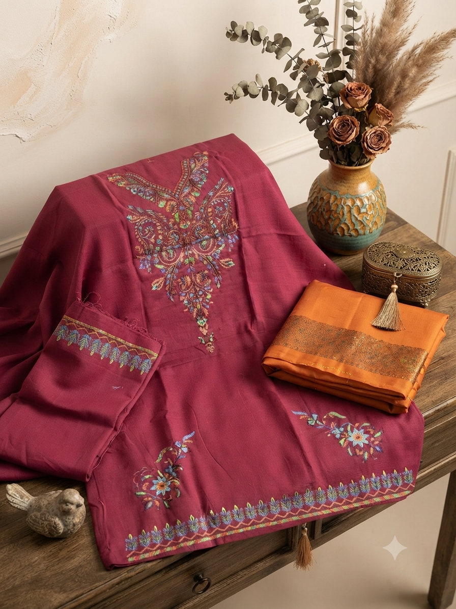 Sale embroided khadar shirt+ embroided wool shawl