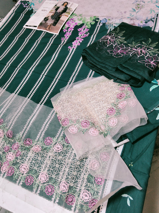 Sale Parishay printed lawn 3pc with embroidered Patches with embroidered Net Duppata