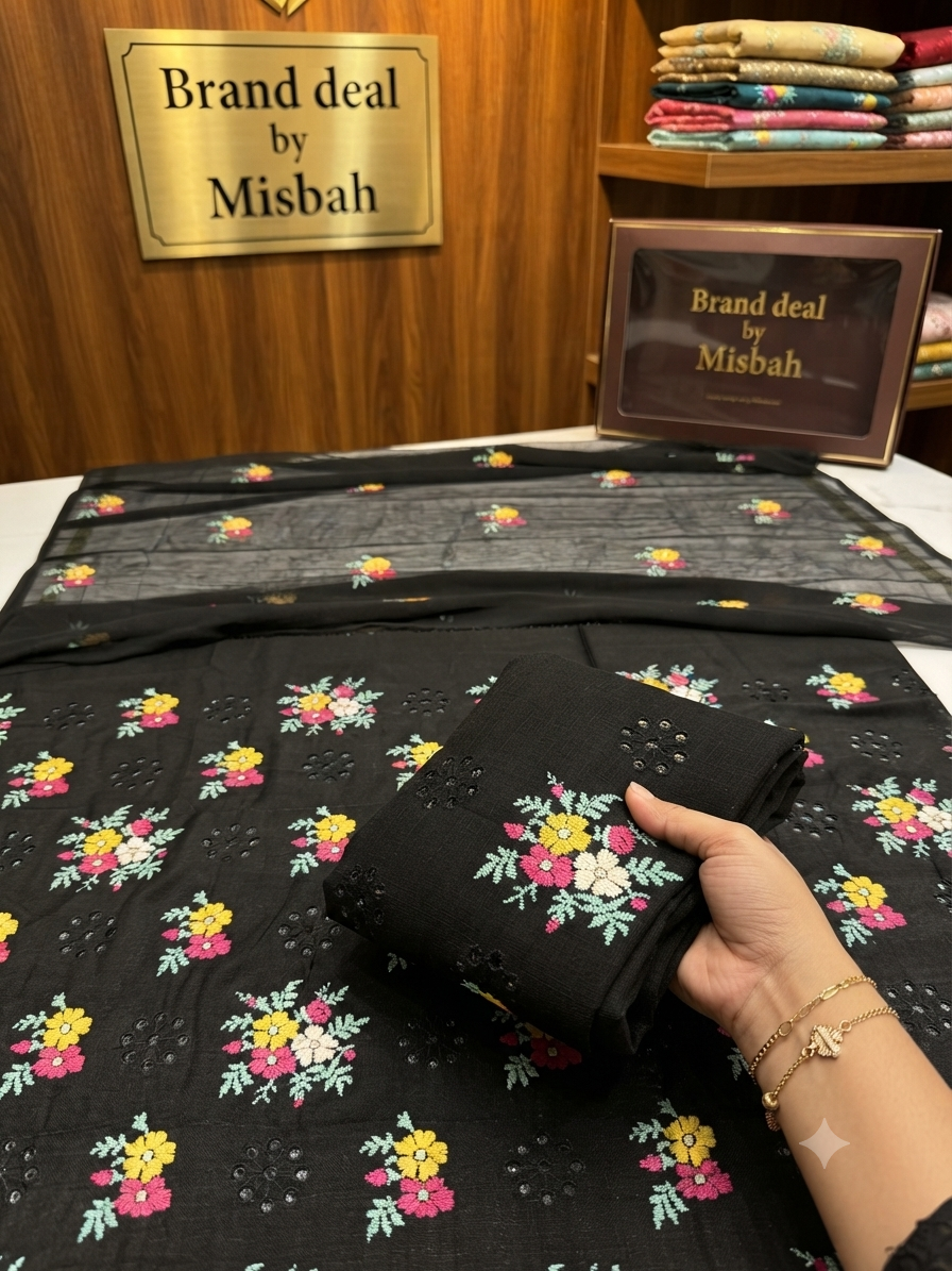 Luxury Karandi embroided 3pc with embroided chiffon duppata plain karandi trouser