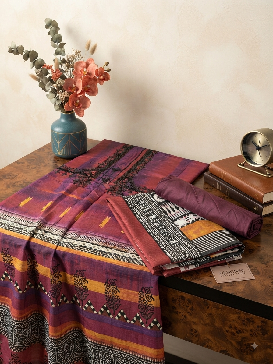 Sale embroided linen 3pc with plain trouser and printed wool shawl winter