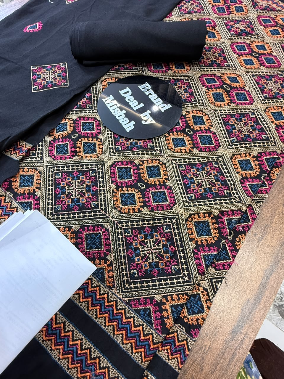Black Luxury embroided karandi 3pc with heavy embroided shawl light embroided shirt plain trouser