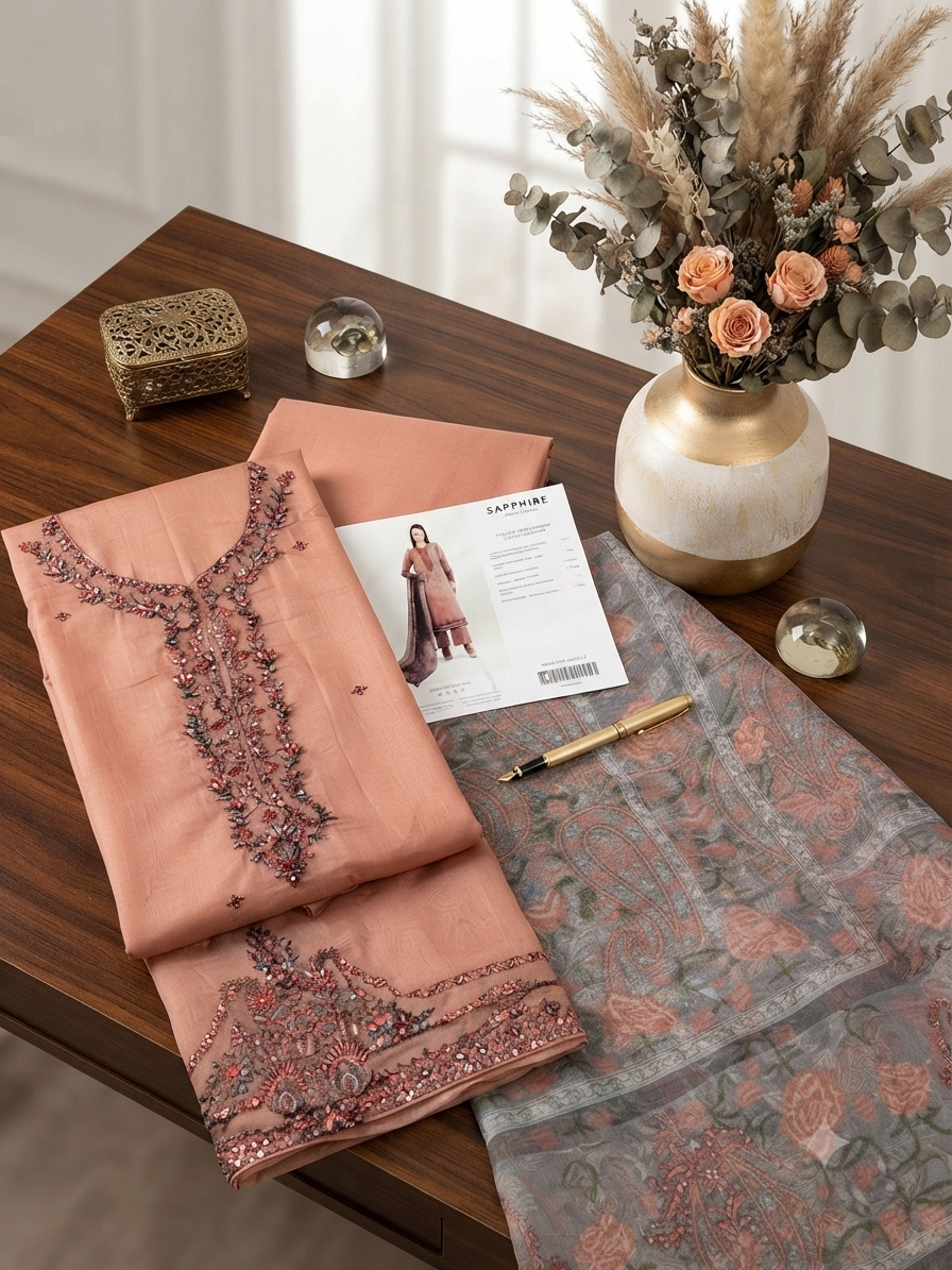 Sale Sapphire embroided lawn 3pc with plain trouser and printed Munar lawn dupatta with embroided patches