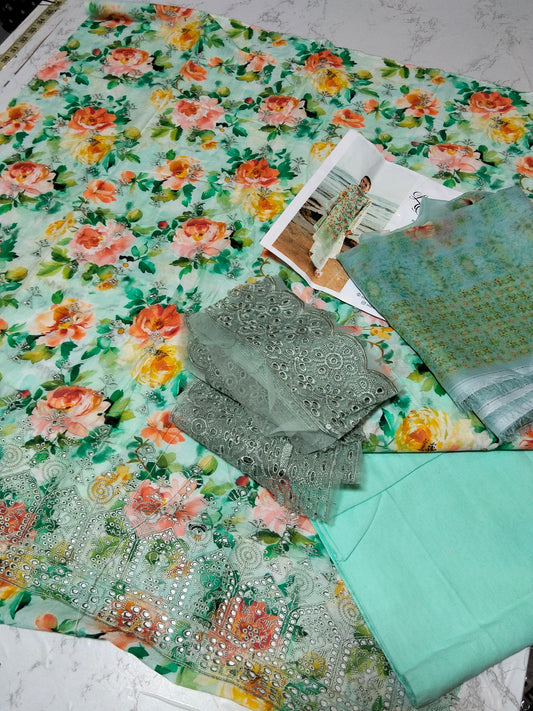 Sale embroided lawn 3pc with embroided patches and chiffon dupatta