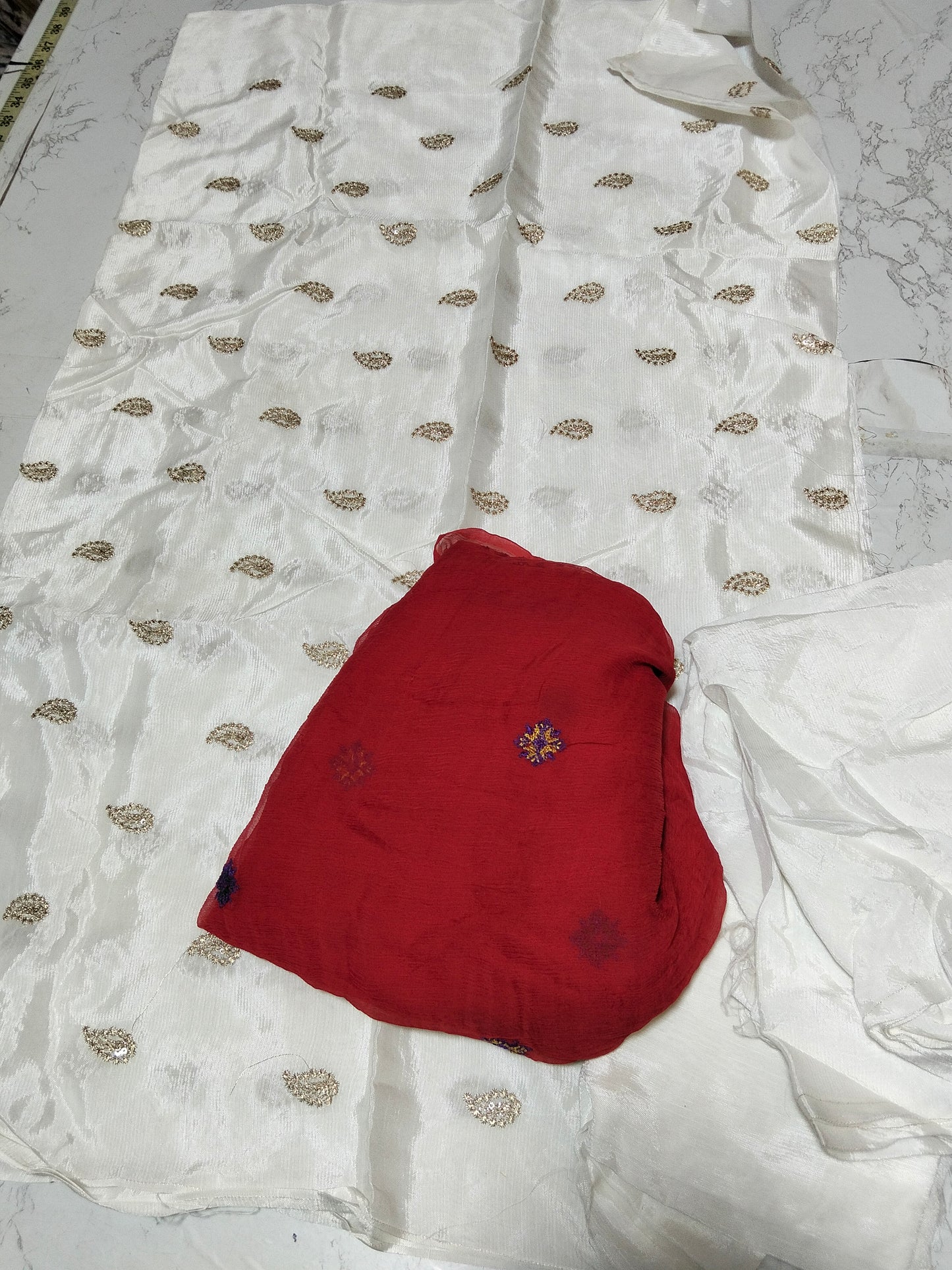 Sale embroided row silk 2pc shirt and trouser + breeze embroided pure chiffon dupatta
