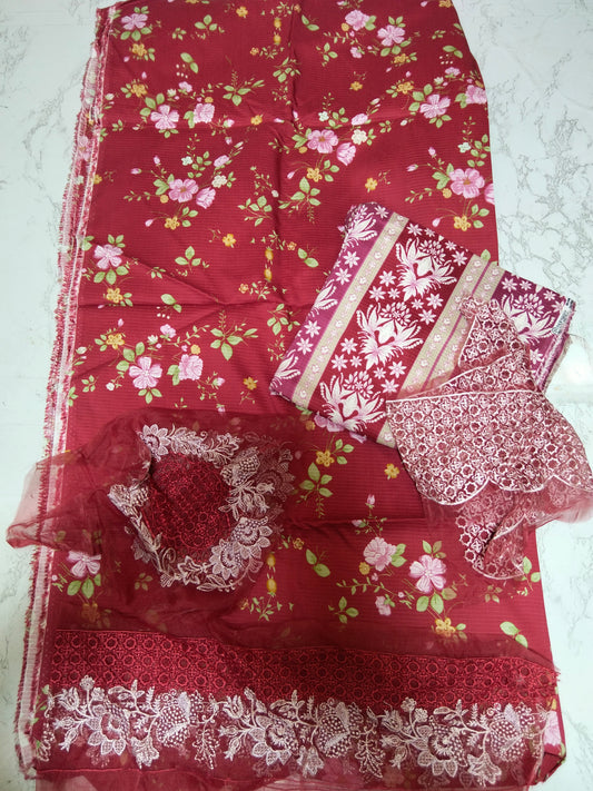 Sale parishay  printed lawn 3pc embroided patches with chiffon dupatta
