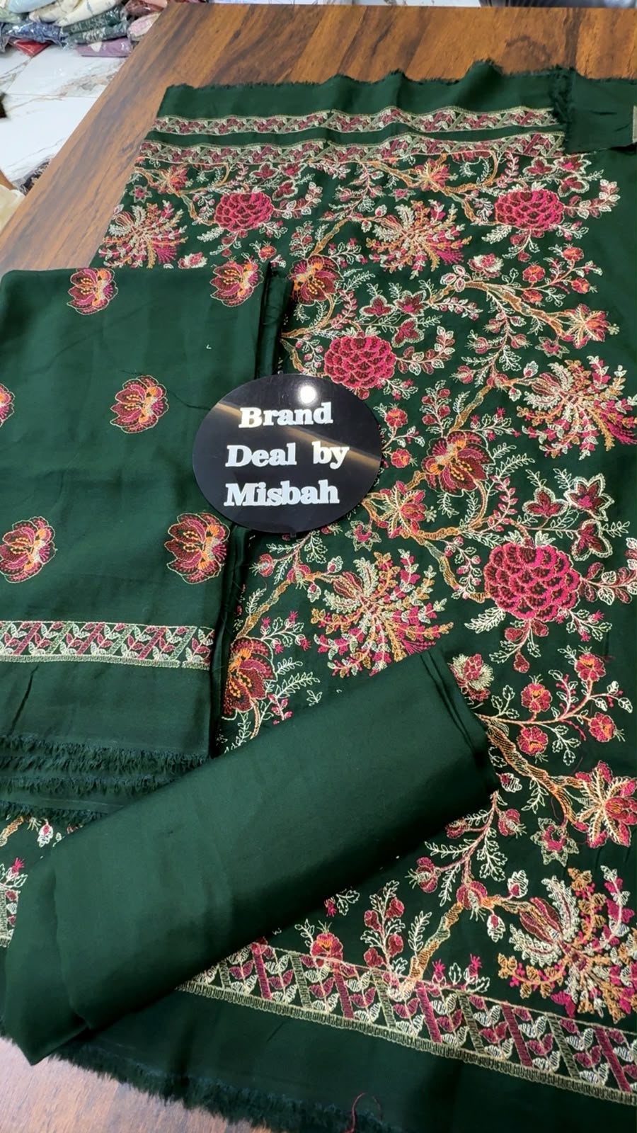 Dark green Luxury embroided karandi 3pc with heavy embroided shawl light embroided shirt plain trouser