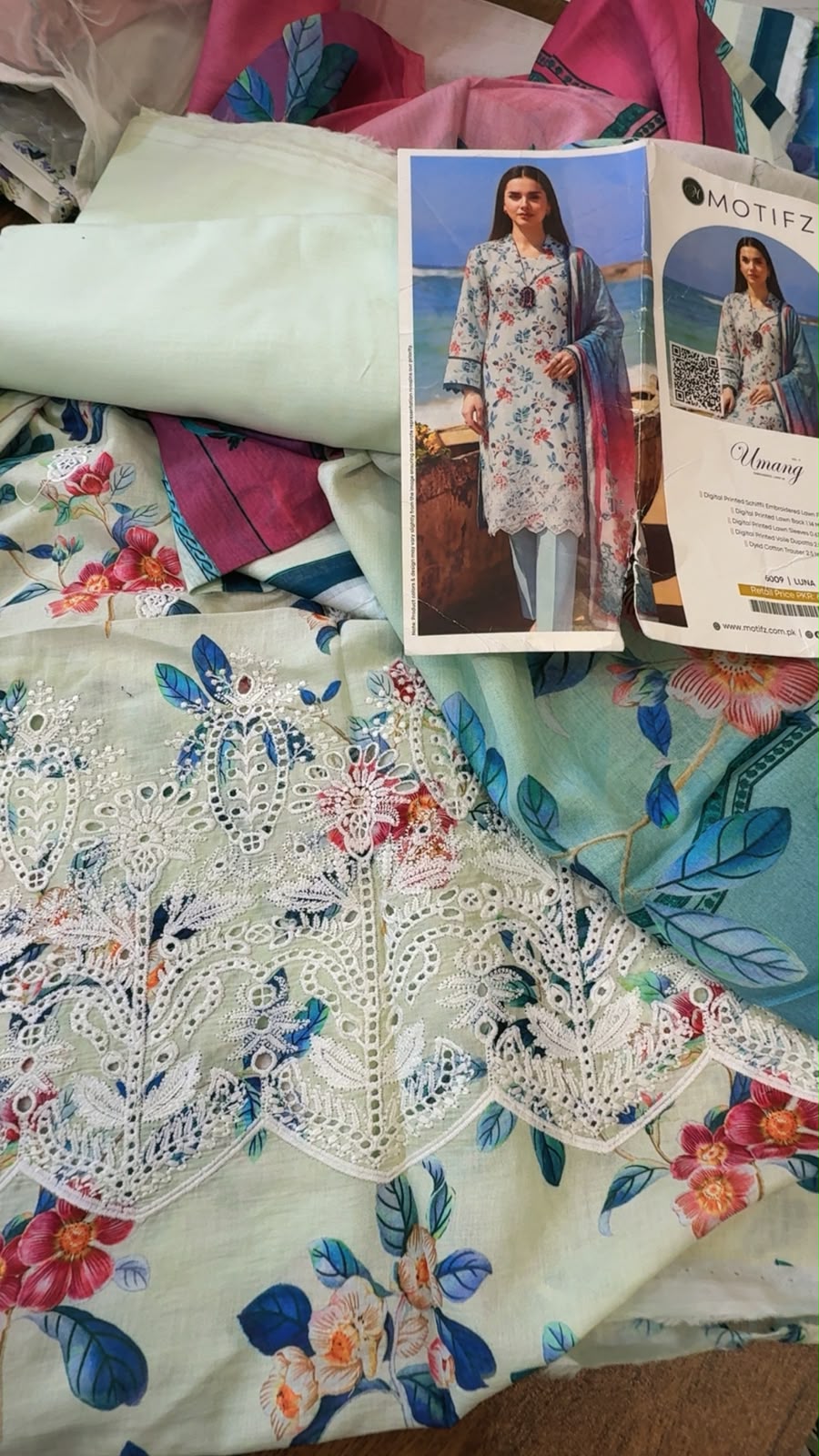Sale Motifz embroided lawn 3pc with printed voil dupatta and dyed cotton trouser