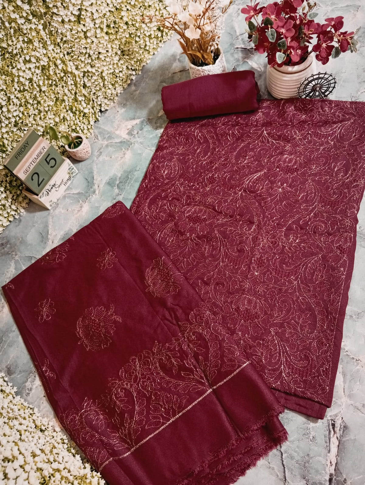 Sale embroided karandi fabric shirt with plain trouser and embroided Karandi fabric dupatta complete 3pc winter