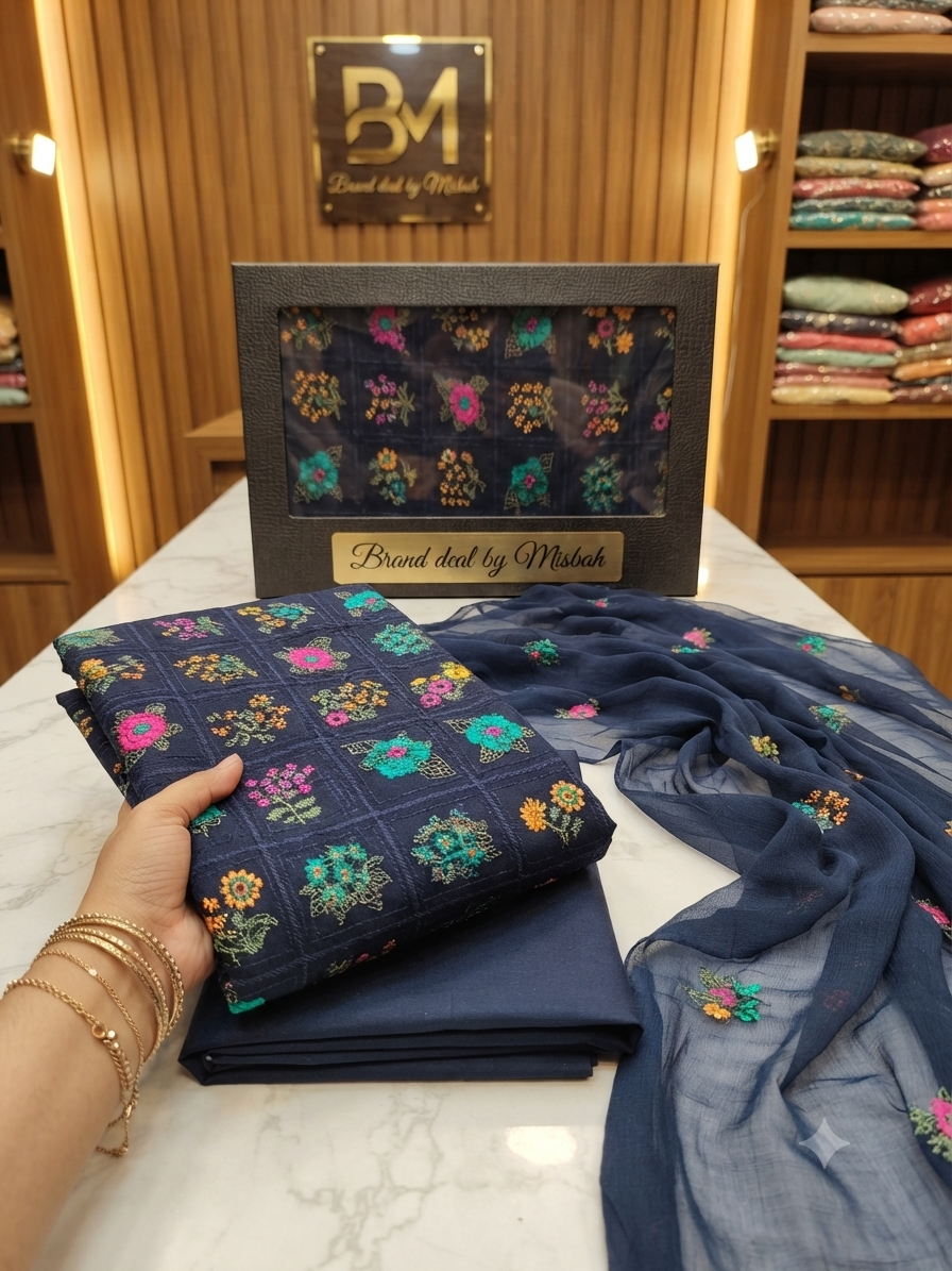 Luxury Karandi embroided 3pc with embroided chiffon duppata plain karandi trouser