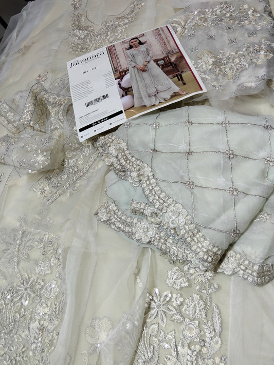 AJR Luxury embroided Organza Fabric 3pc embroided patches with plain dyed trouser with embroided pure chiffon dupatta