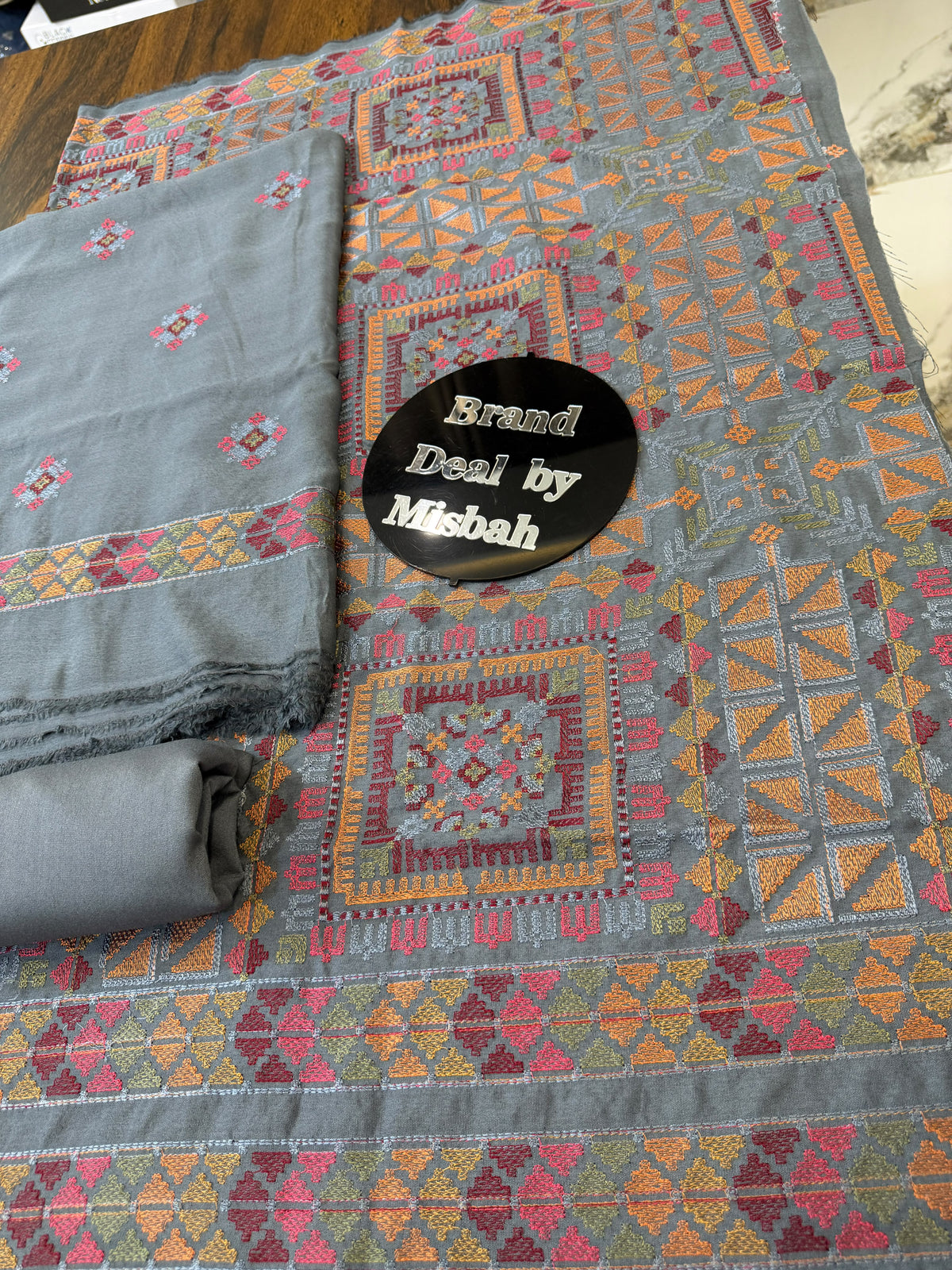 Gray Luxury embroided karandi 3pc with heavy embroided shawl light embroided shirt plain trouser