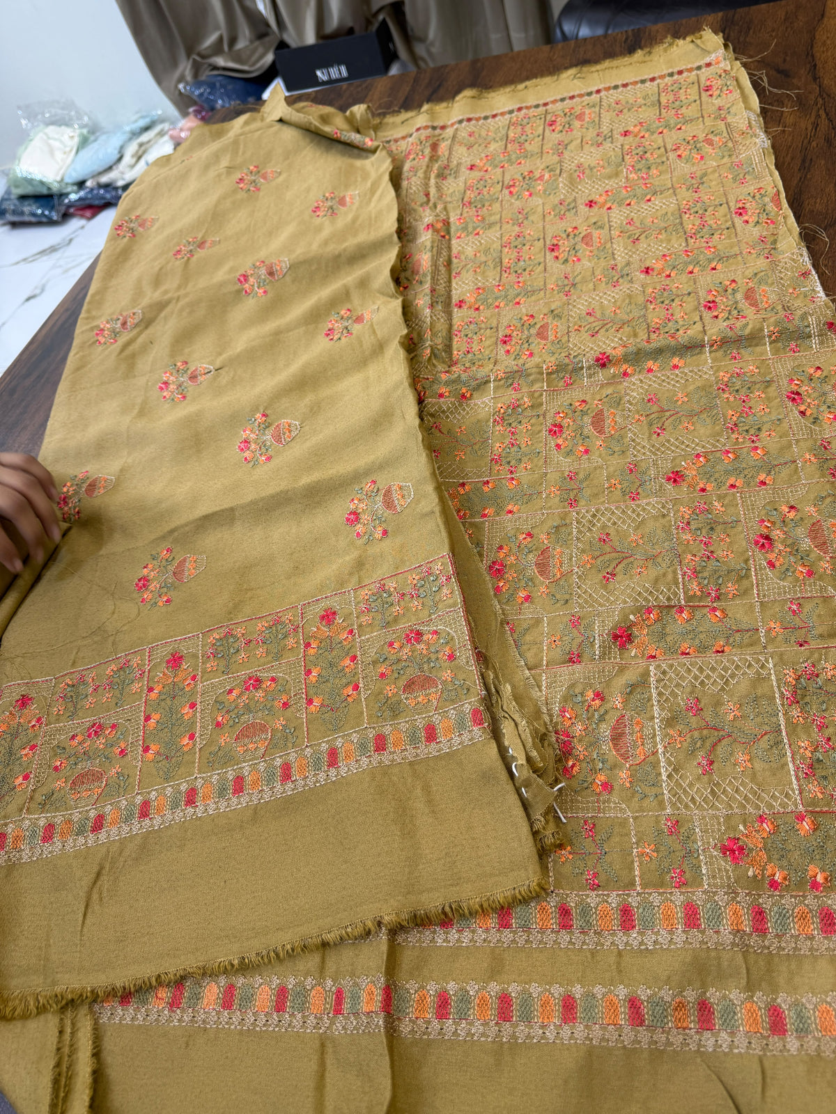 Luxury embroided karandi 3pc with heavy embroided shawl light embroided shirt plain trouser