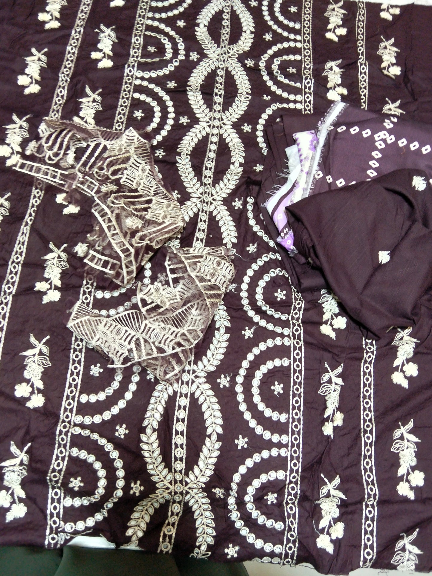 Sale embroided linen shirt embroided border printed silk wool shawl with dyed trouser  (Complete 3pc)