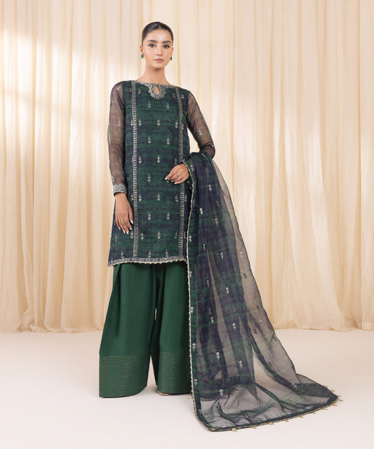 Sale sapphire embroided organza fabric shirt and plain Raw silk trouser with embroided organza fabric dupatta