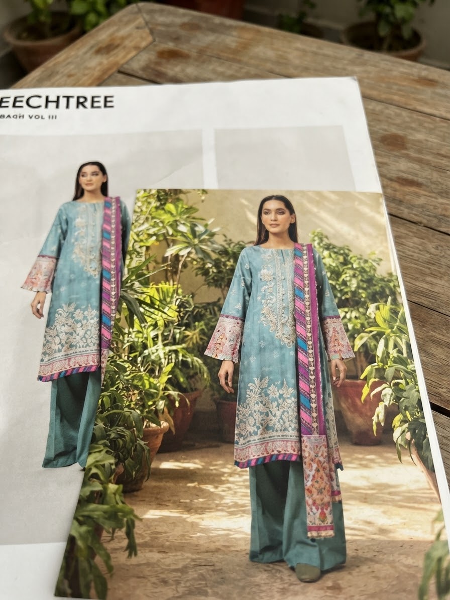 Beechtree embroided khadar 2pc shirt and dupatta
