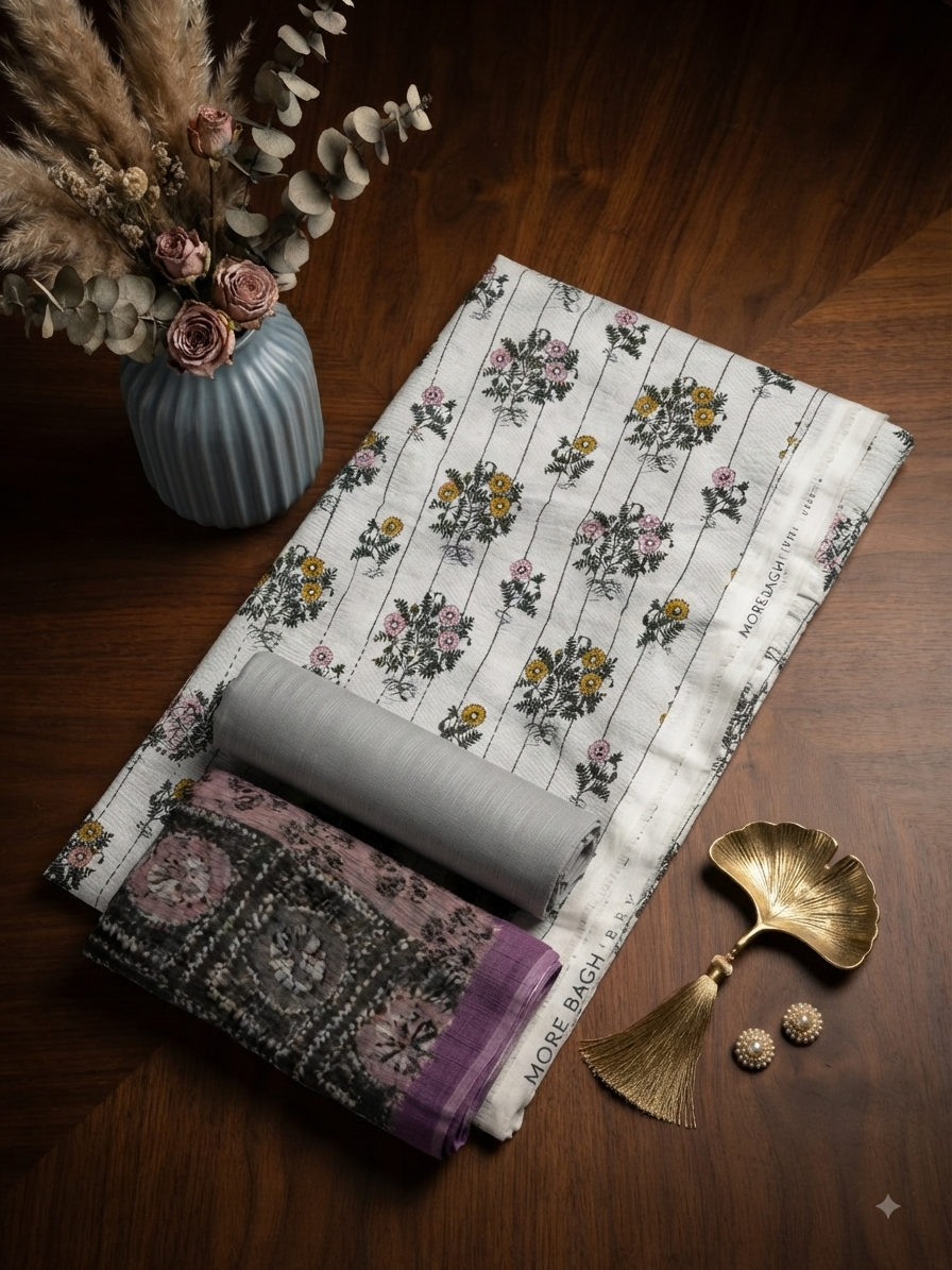 Sale printed Khaddar 3pc with plain trouser and printed chiffon dupatta