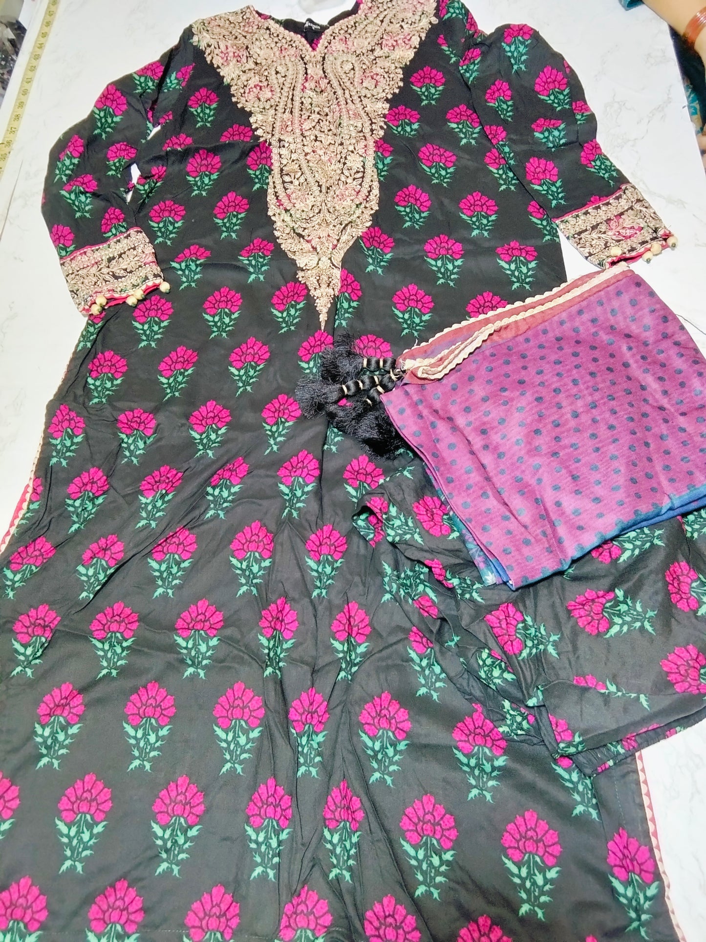 Sale Jazmine printed  + embroided linen 3pc stitched (ch. 21)(Length. 49) stitched trouser with ready to wear duppta