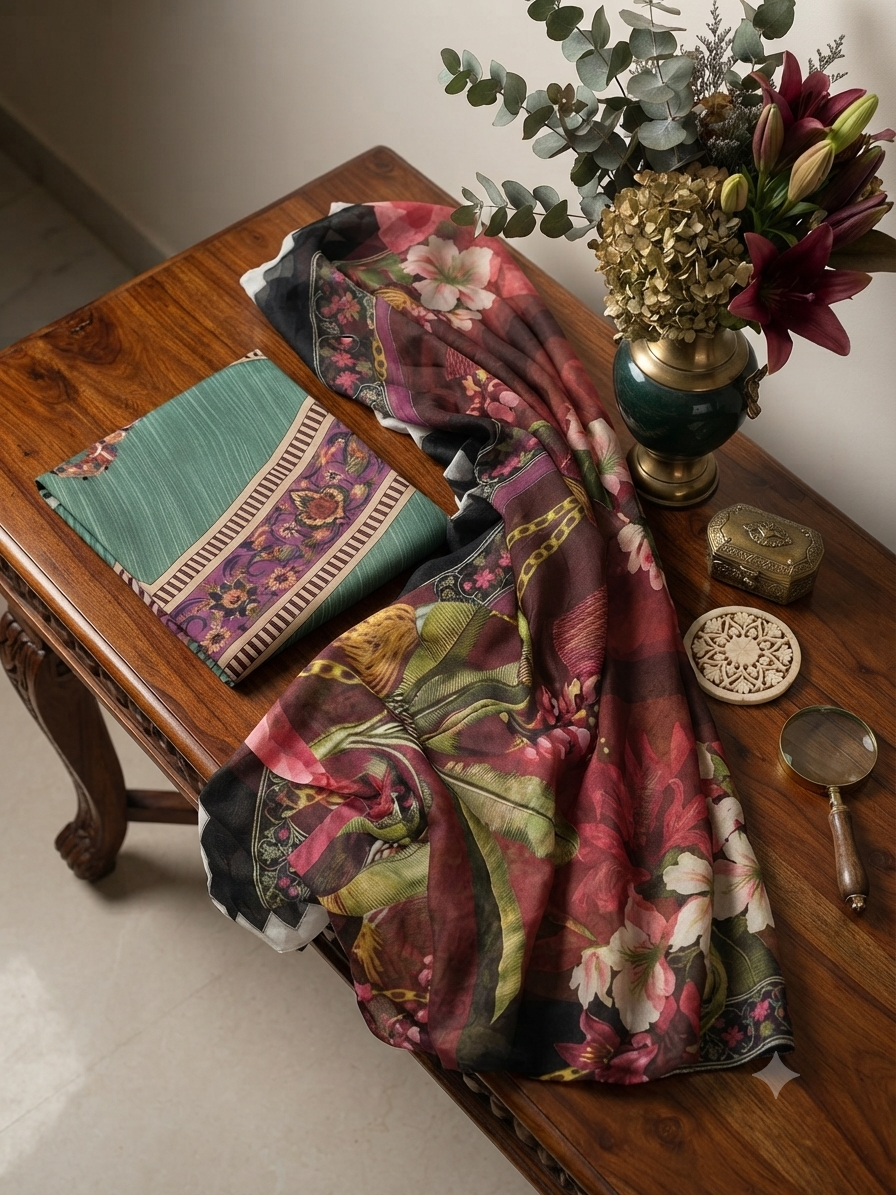 Sale printed silk 2pc shirt and printed chiffon dupatta
