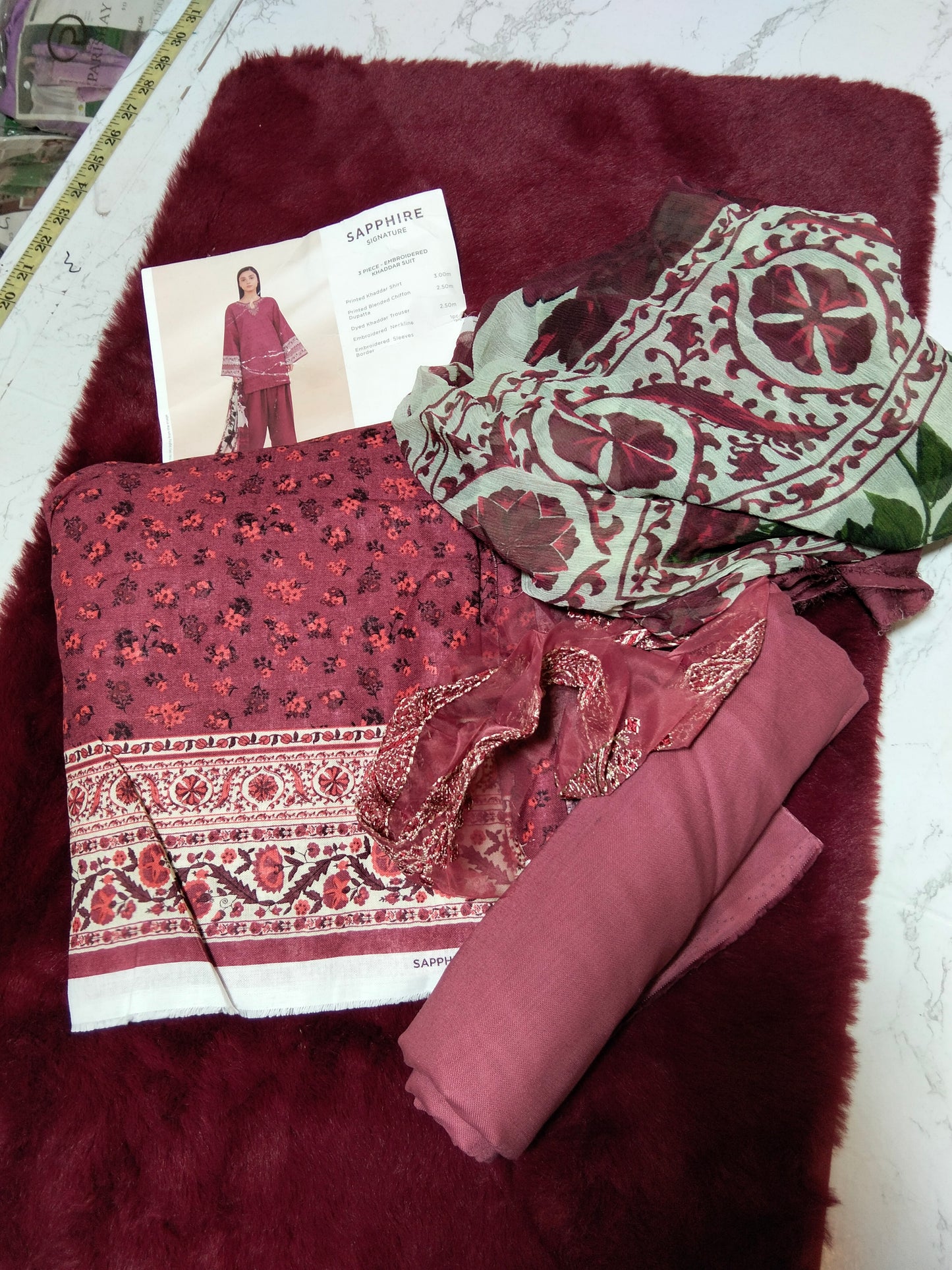 Sale printed khadar 3pc with plain trouser and printed chiffon dupatta embroided patches