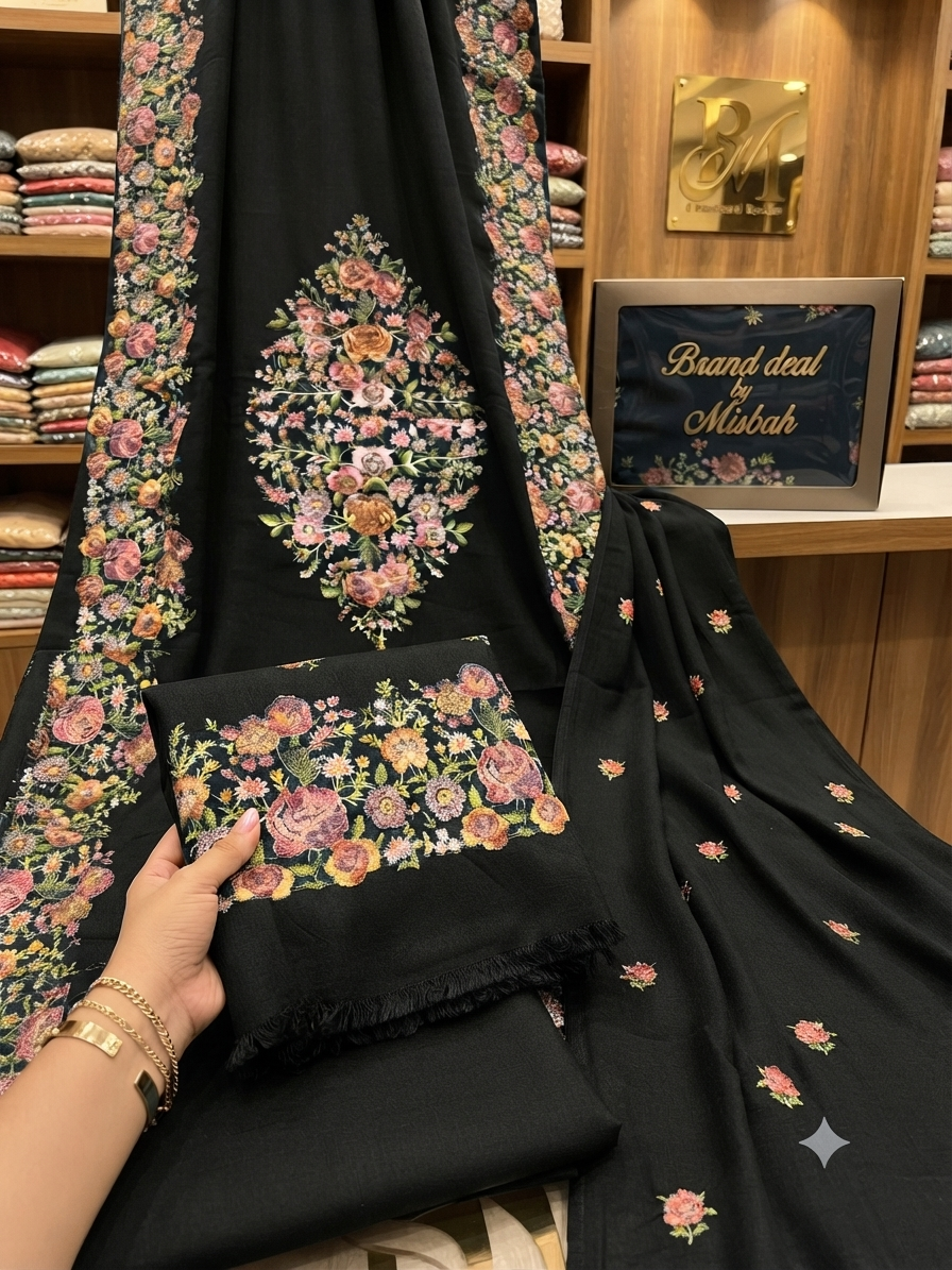 Luxury embroided karndi 3pc with Embroided karandi shawl