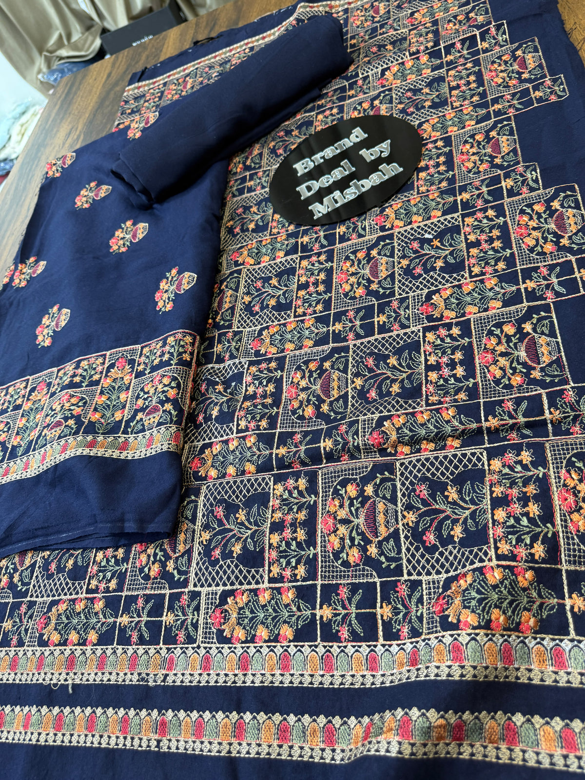 Navy blue Luxury embroided karandi 3pc with heavy embroided shawl light embroided shirt plain trouser