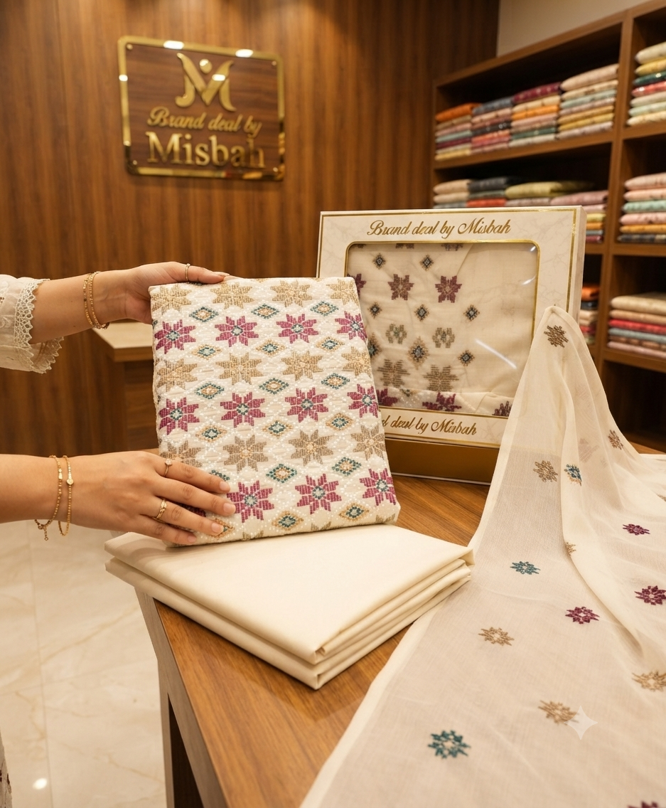 Luxury Karandi embroided 3pc with embroided chiffon duppata plain karandi trouser