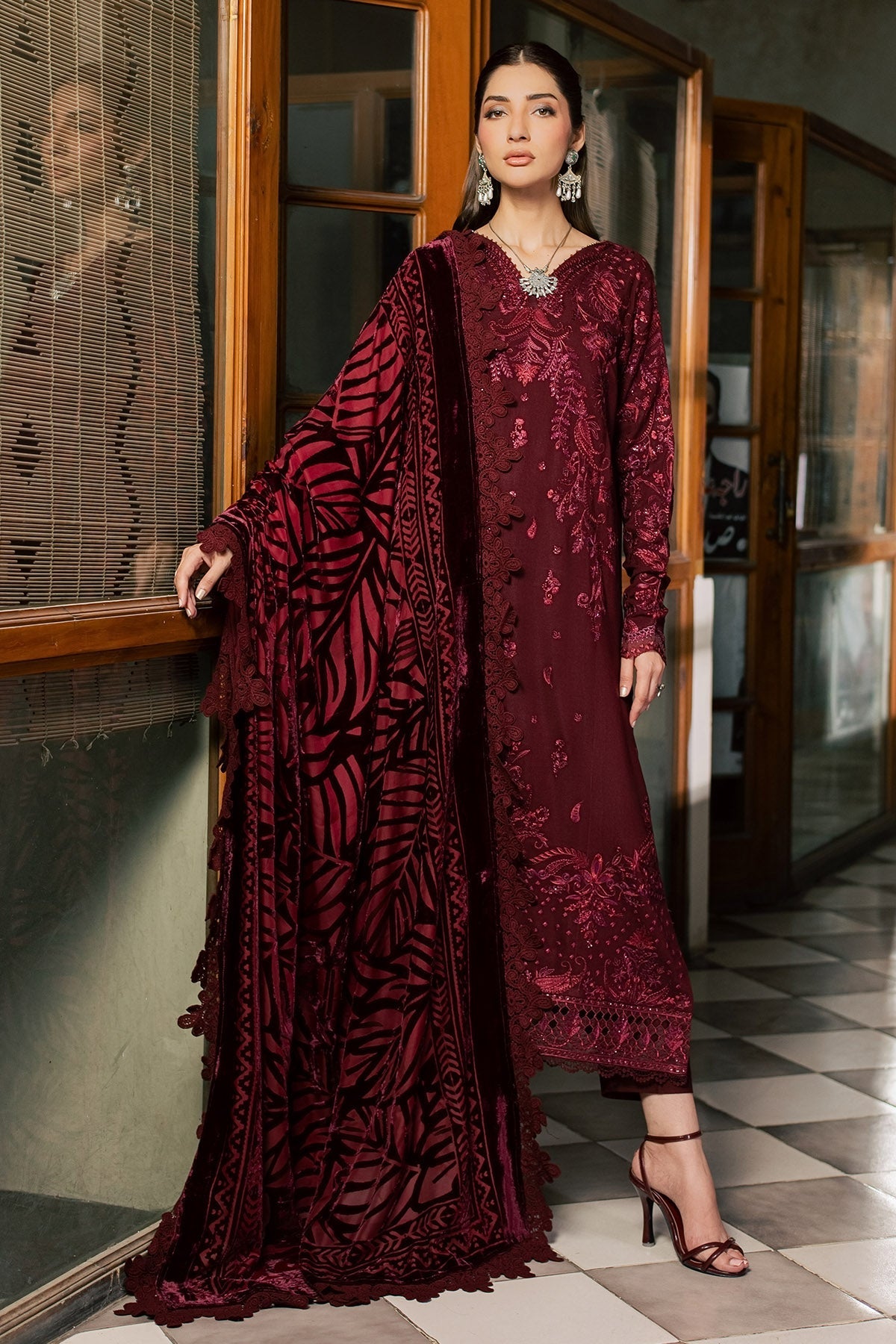 Nureh 3pc  embroided peach leather shirt with velvet palachi shawl and dyed peach leather trouser