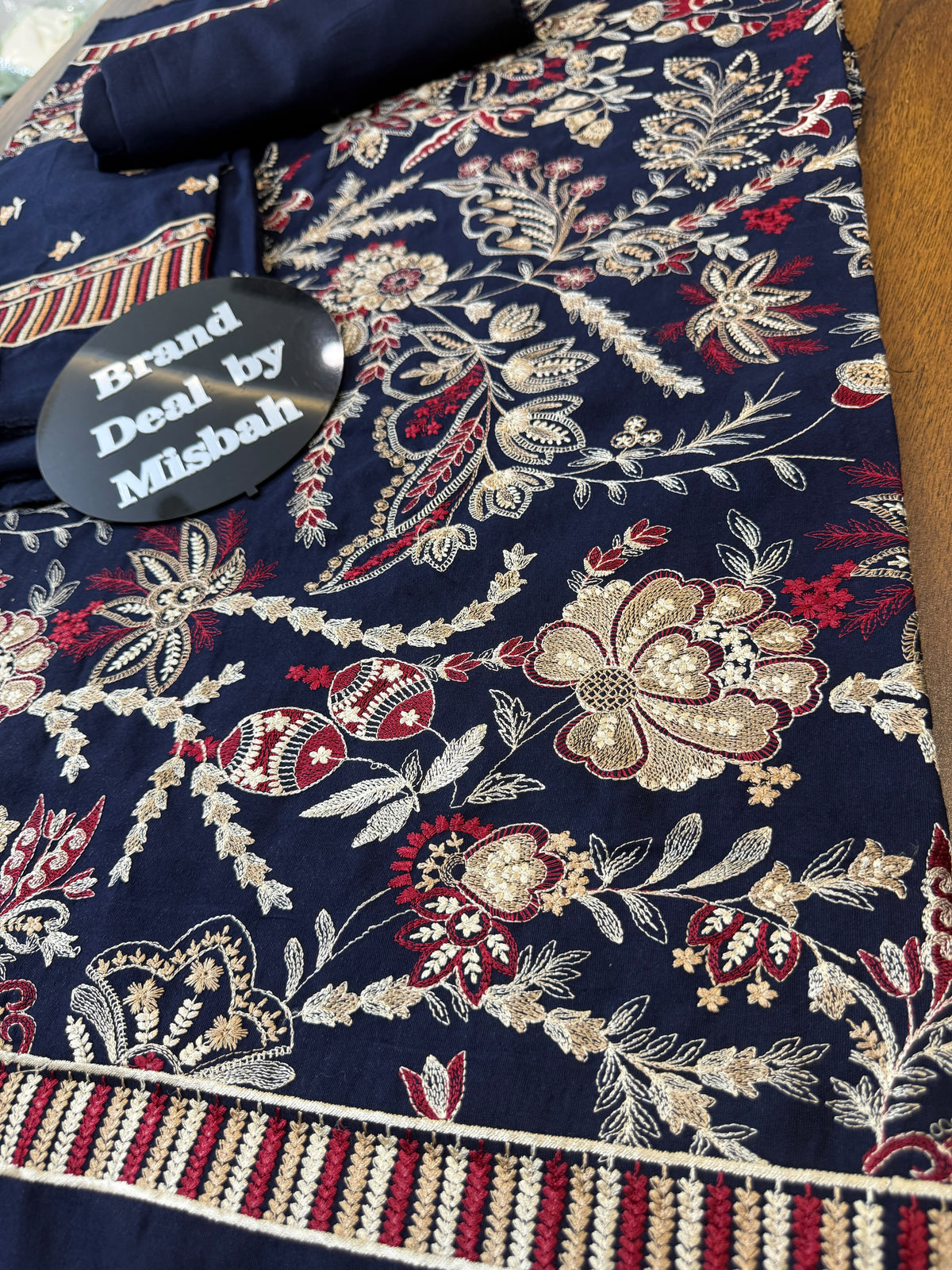 Navy blue Luxury embroided karandi 3pc with heavy embroided shawl light embroided shirt plain trouser
