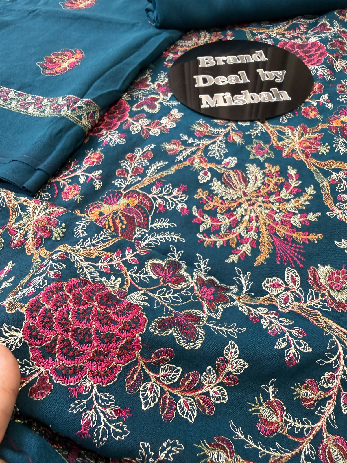 Teal blue Luxury embroided karandi 3pc with heavy embroided shawl light embroided shirt plain trouser