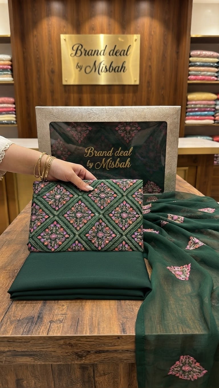 Luxury Karandi embroided 3pc with embroided chiffon duppata plain karandi trouser