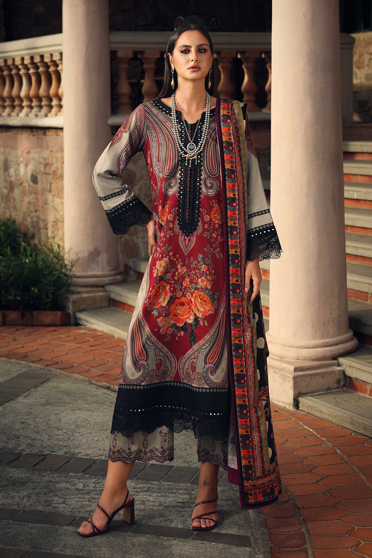 Charizma combination 3pc embroided linen with embroided Irish linen Shawl
