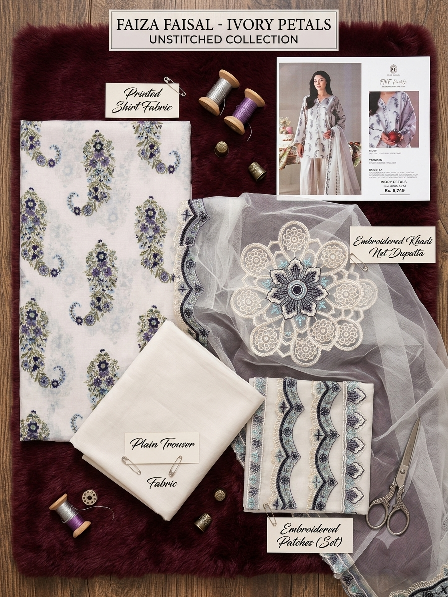 Sale Faiza Faisal printed lawn 3pc with embroided patches and embroided organza fabric dupatta