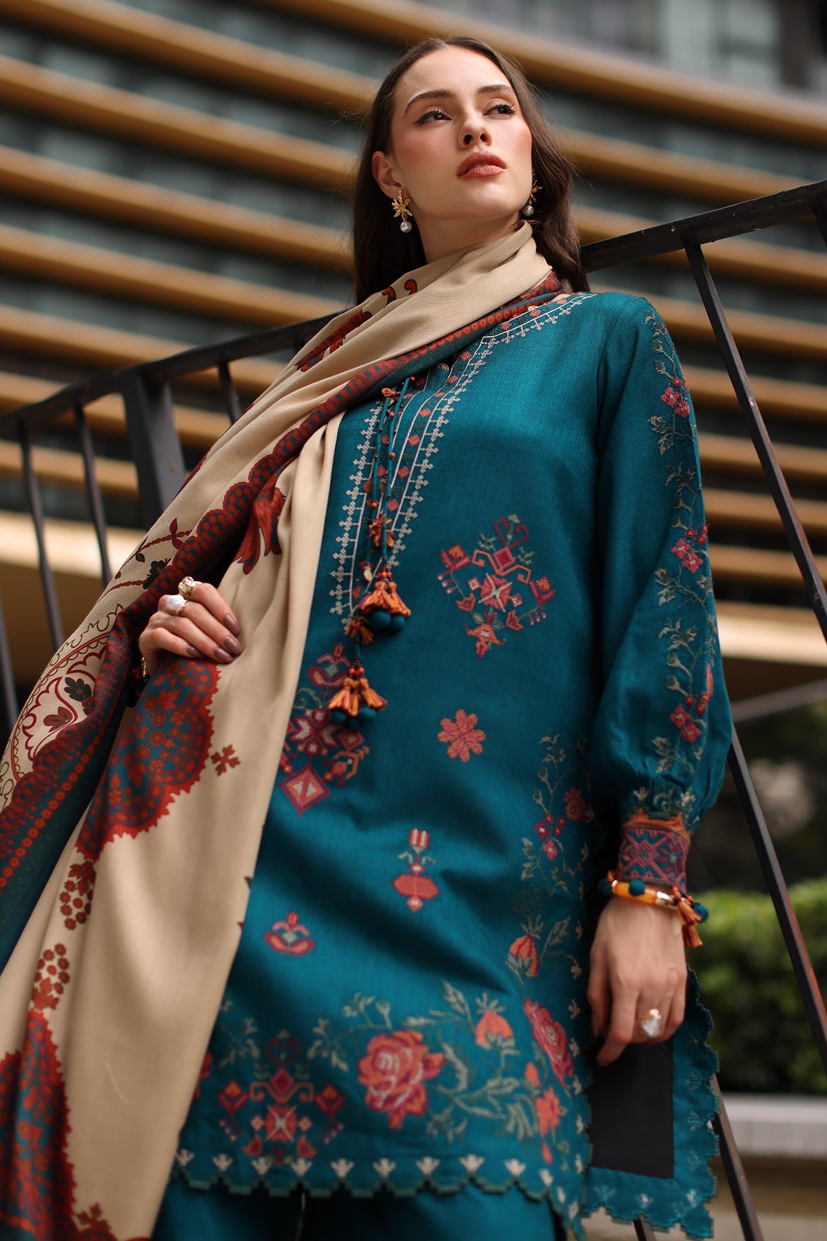 Charizma (poshima) unstitched 3Pc embroidered peach leather with printed pashmina shawl