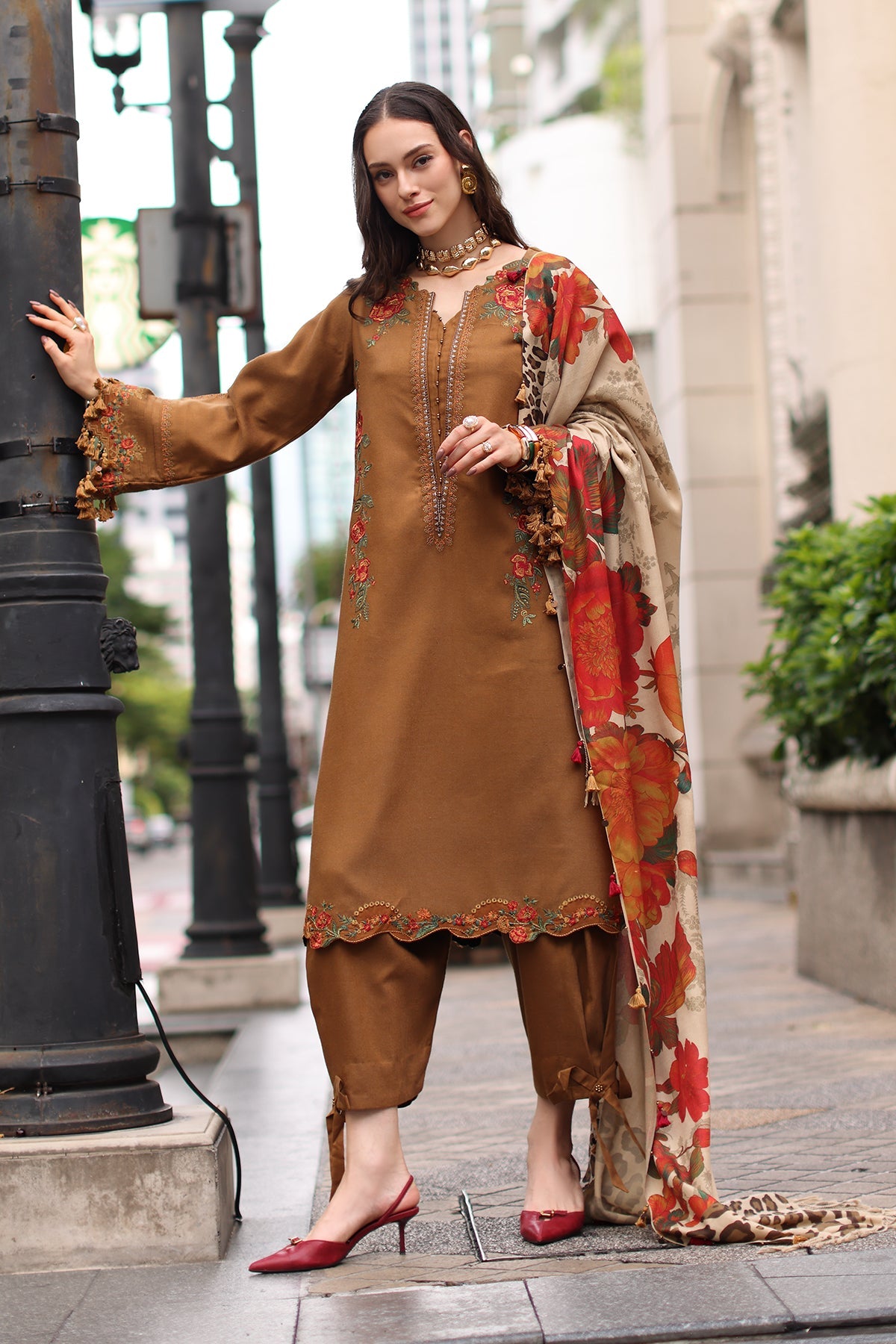 Charizma (poshima) unstitched 3Pc embroidered peach leather with printed pashmina shawl