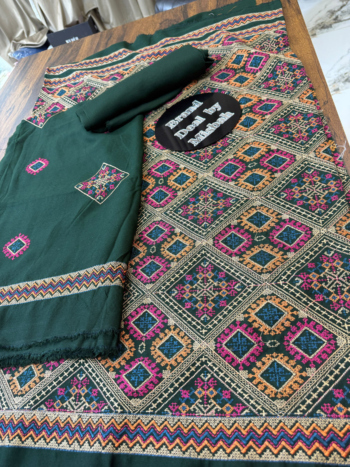 Dark green Luxury embroided karandi 3pc with heavy embroided shawl light embroided shirt plain trouser
