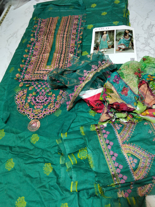 Zara shahjahan jacqaurd  embroided lawn 2pc shirt and dupatta with embroided patches