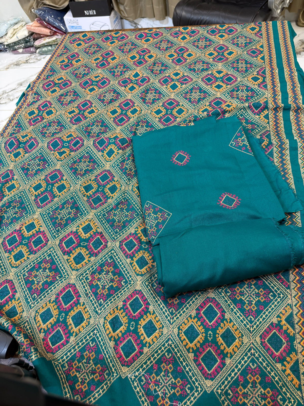 Luxury embroided karandi 3pc with heavy embroided shawl light embroided shirt plain trouser