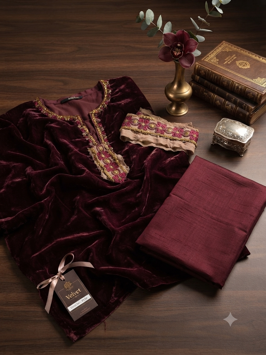 Sale baroque 9000 velvet shirt with plain Raw silk trouser with embroided patche