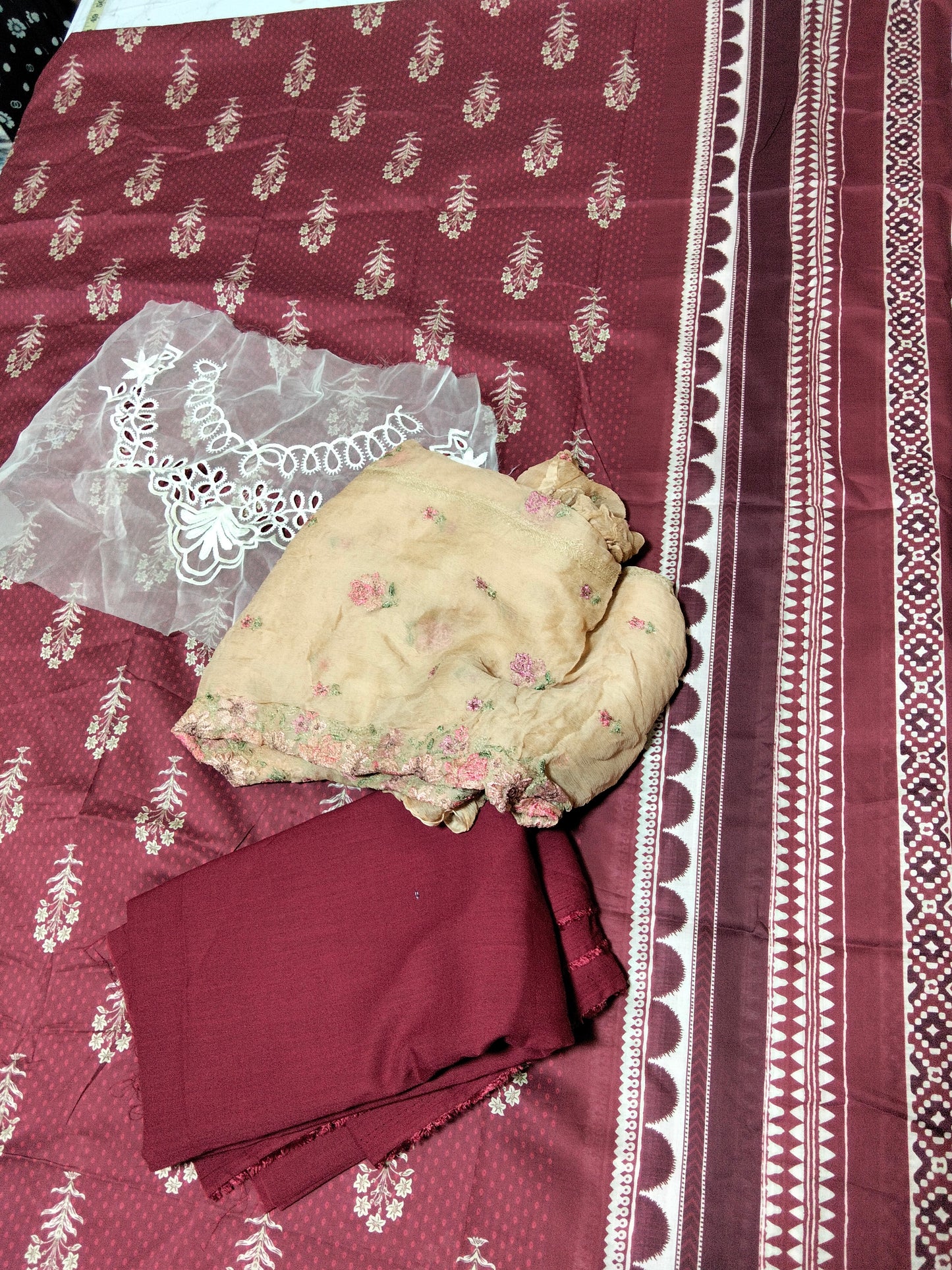 Sale Printed lawn Shirt with Embroidered Neck line + Breeze embroidered pure chiffon dupatta+Plain Trouser