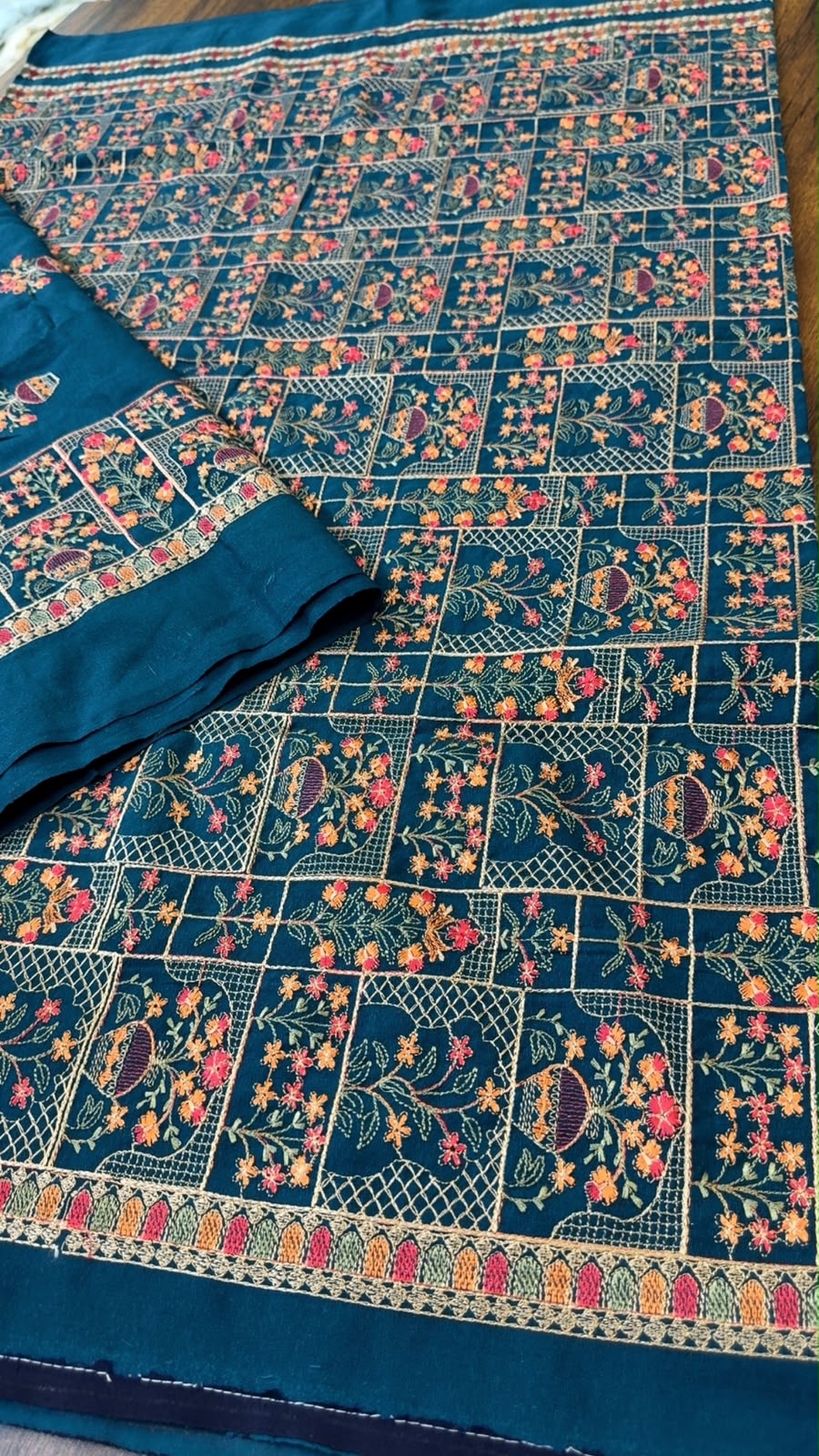 Luxury embroided karandi 3pc with heavy embroided shawl light embroided shirt plain trouser