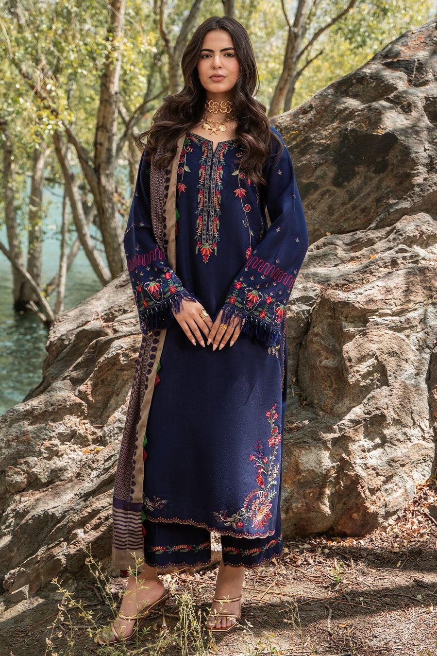 Charizma poshima unstitched 3PC embroided peach leather with printed wool shawl