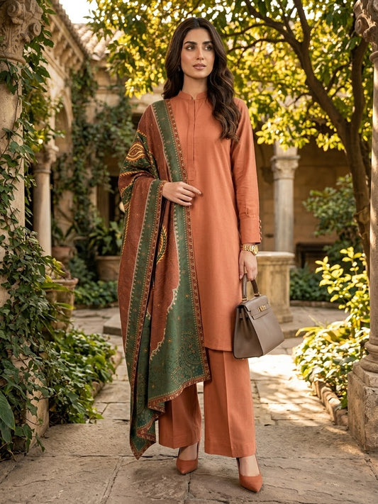 Hussain Rehar 3pc plain karandi shirt and trouser with printed wool shawl unstitched
